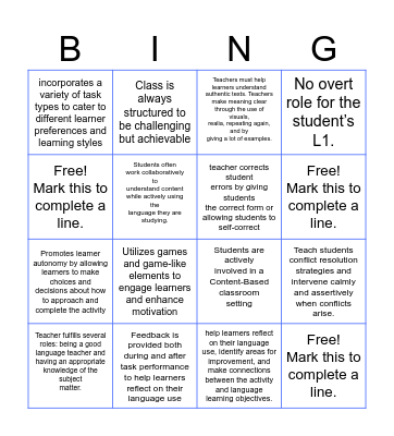 Content Based Characteristics Bingo Card