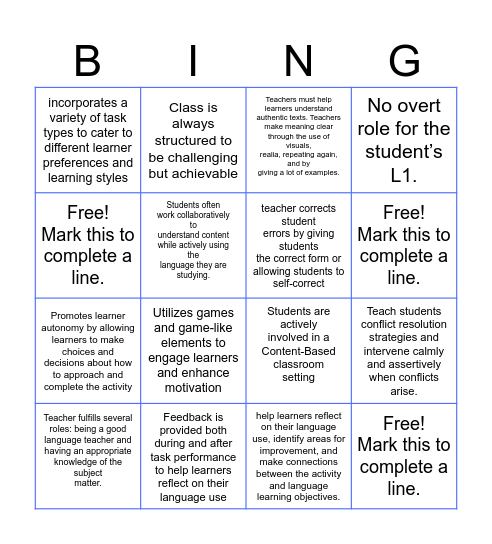 Content Based Characteristics Bingo Card