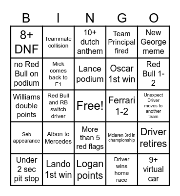 F1 2024 BINGO CARD Bingo Card