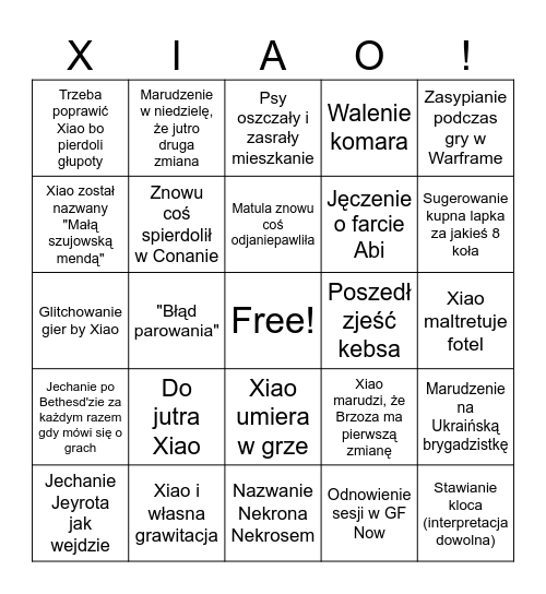 Tydzień Xiao Bingo Card