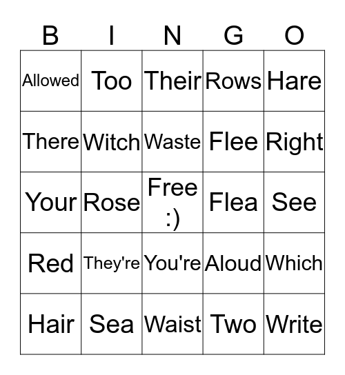 Homophone Bingo Card