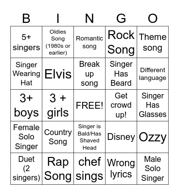 Karaoke Bingo Card