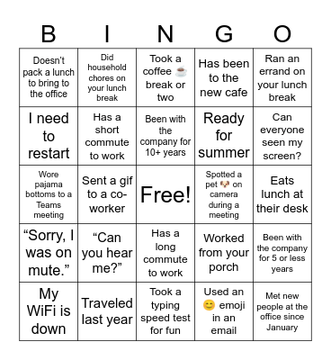 Work social Bingo Card