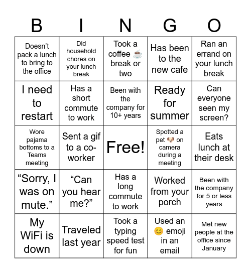 Work social Bingo Card