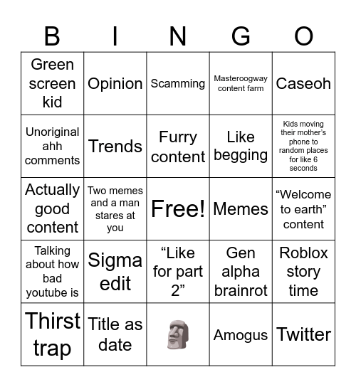 Youtube shorts content Bingo Card