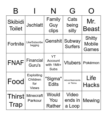 YT Shorts Bingo Card