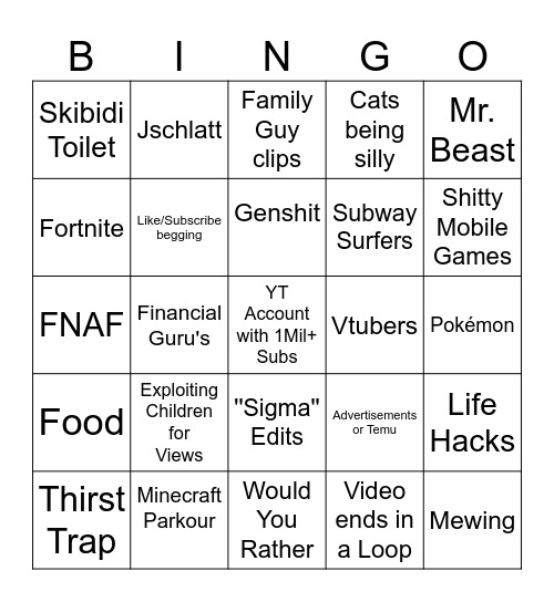 YT Shorts Bingo Card