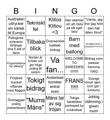 EUROVISION  Bingo Card