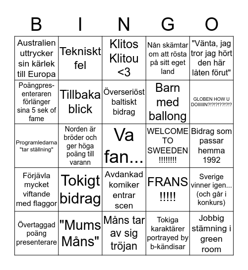 EUROVISION  Bingo Card