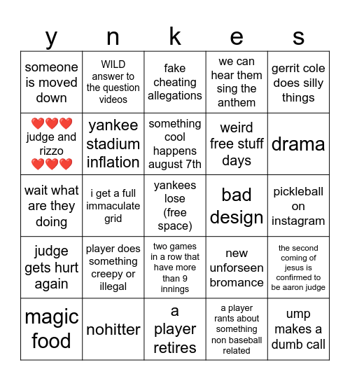 yankees bingo Card