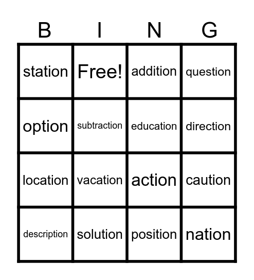 -tion Bingo Card