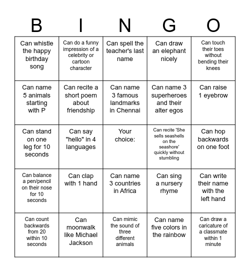 Ability Bingo Card