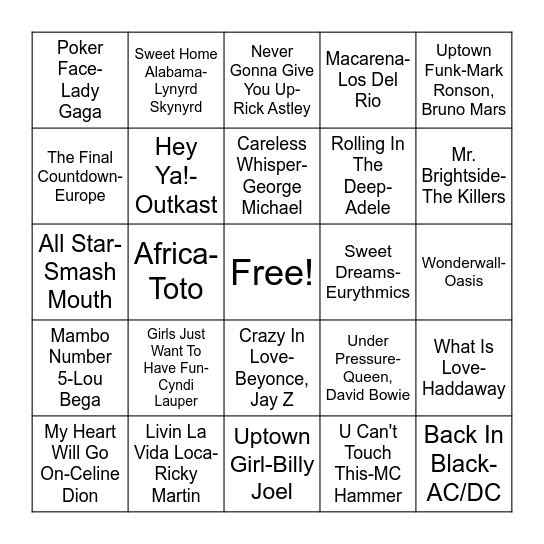 Guess the Song! Bingo Card