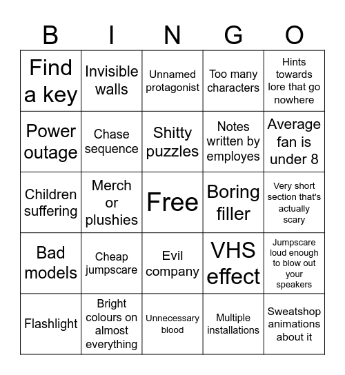 Mascot horror Game Bingo Card