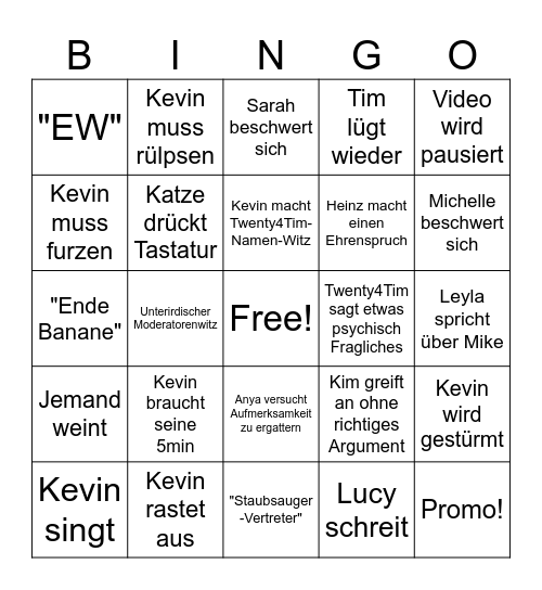 Kevin Bingo Card