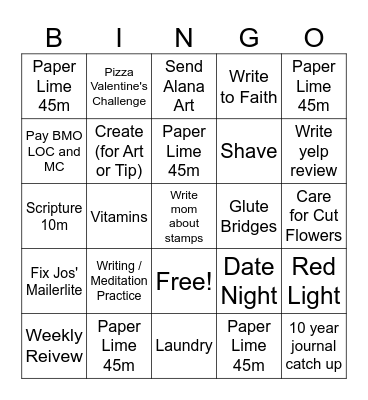 Emma Task Bingo Card