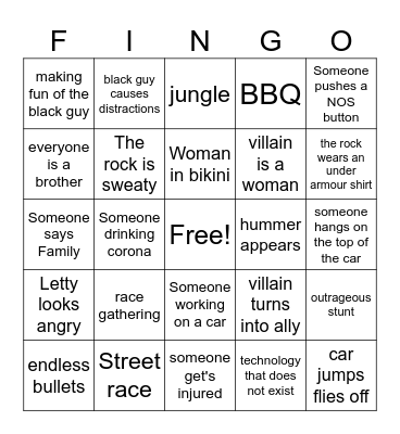 Fast and Fingo Bingo Card