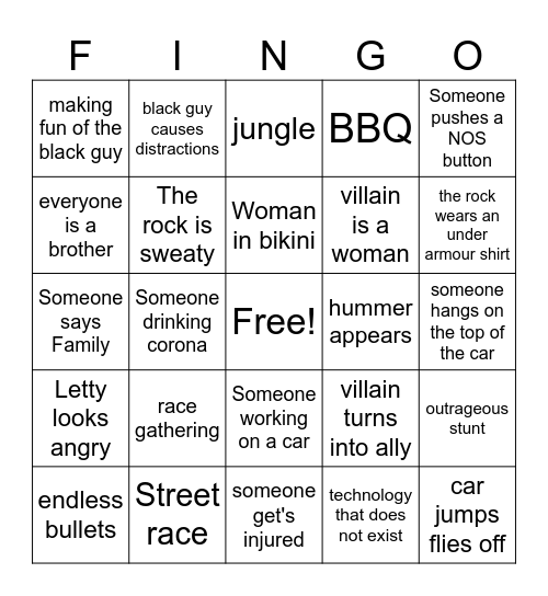 Fast and Fingo Bingo Card