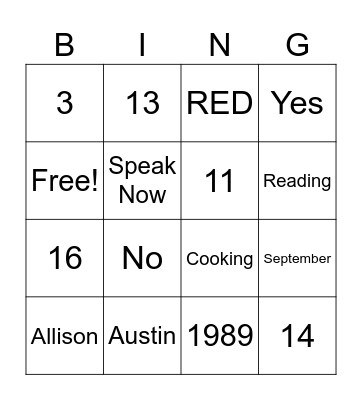 Taylor Swift Bingo Card