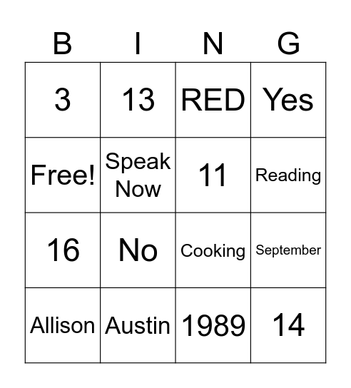 Taylor Swift Bingo Card