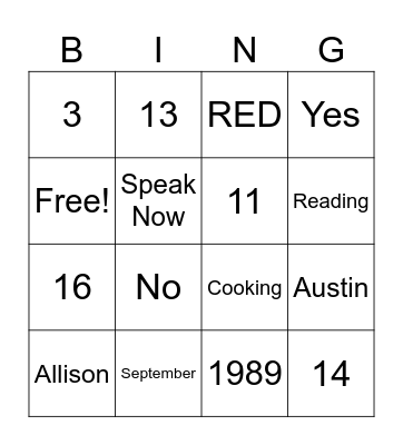 Taylor Swift Bingo Card