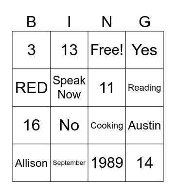 Taylor Swift Bingo Card