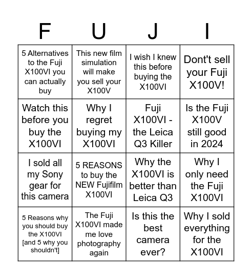 Fuji X100VI YouTube Bingo Card