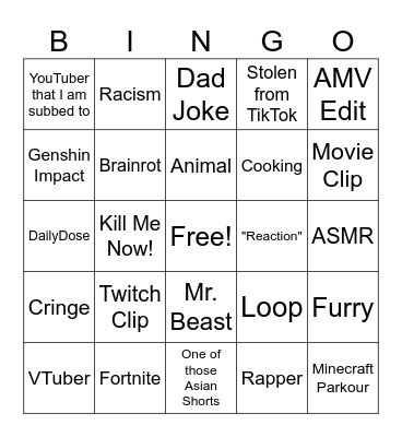 YouTube Shorts Shitshow Bingo Card