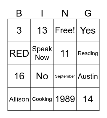 Taylor Swift Bingo Card