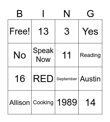 Taylor Swift Bingo Card