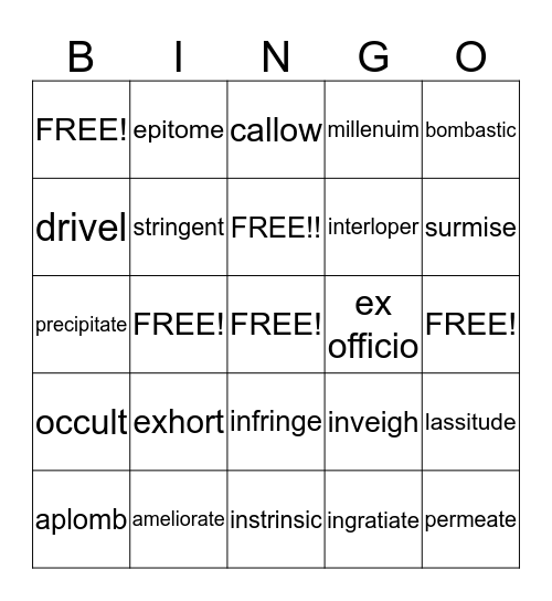 Vocabulary Level F Unit 2 Bingo Card