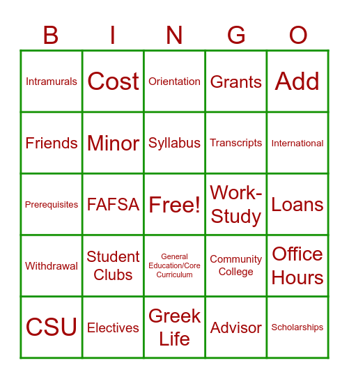 College Bingo Card