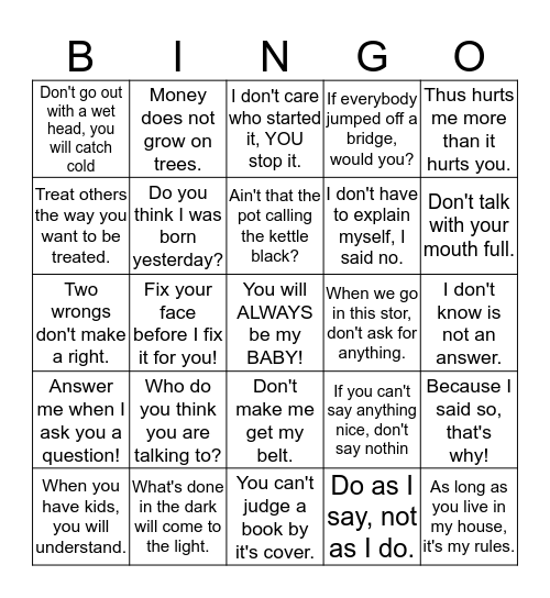 MAMA 'SAYINGS' Bingo Card