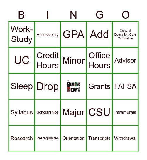 College Bingo Card