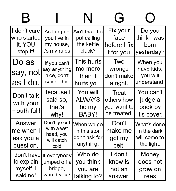 MAMA 'SAYINGS' Bingo Card