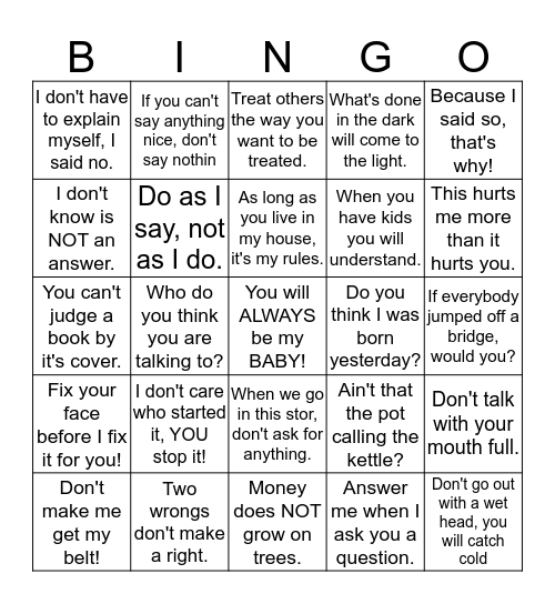 MAMA 'SAYINGS' Bingo Card