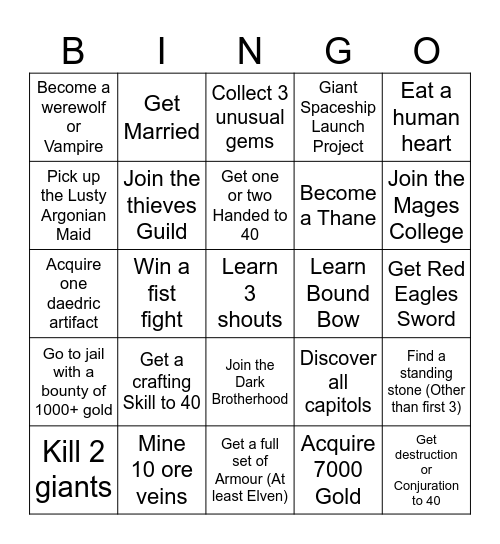 Skyrim Bingo for Leet gamers Bingo Card