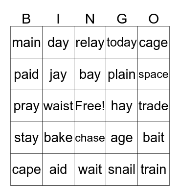 Long A Bingo Card