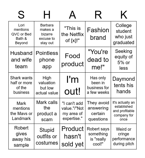 Shark Tank Bingo Card