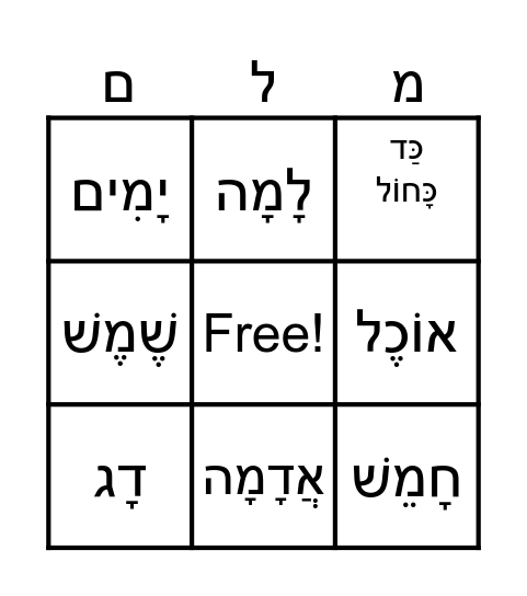 words (chet, tet, yod, kaf, lamed, mem) Bingo Card