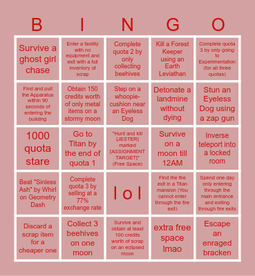 Lethal Company Bingo Card