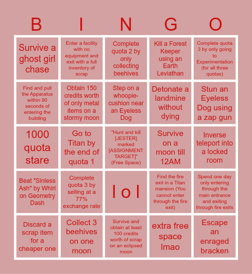 Lethal Company Bingo Card