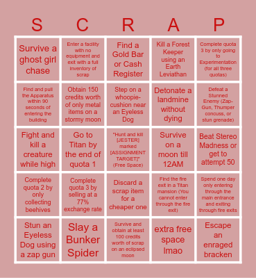 Lethal Company Bingo Card