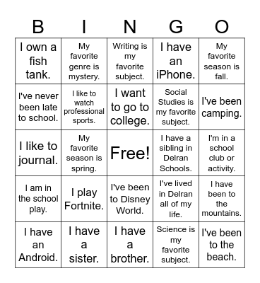 Getting to Know You Bingo Card