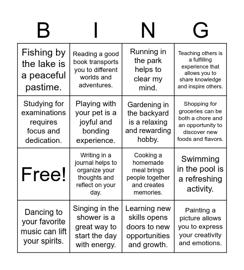 Gerund Bingo Card