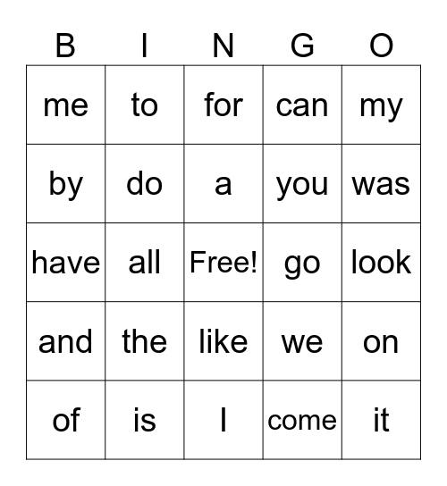 K Words Bingo Card