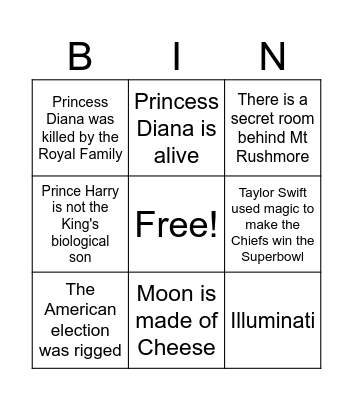 Consipracy Theories Bingo Card