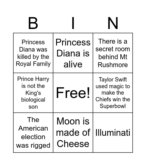 Consipracy Theories Bingo Card