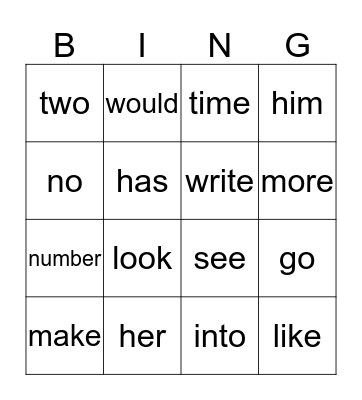 Word Wall 2A set 2 Bingo Card