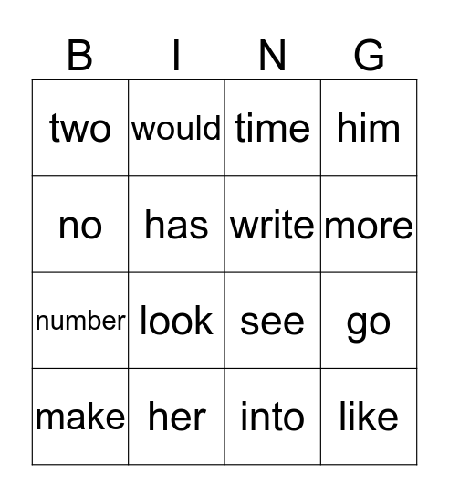 Word Wall 2A set 2 Bingo Card